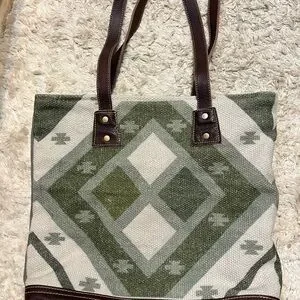 Myra Bag Southwest Geometric Aztec Pattern Canvas Leather Crossbody Purse